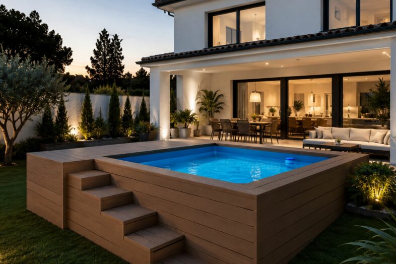 Piscina prefabricada elevada instalada en el jardín de una vivienda unifamiliar moderna