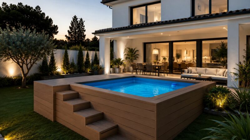 Piscina prefabricada elevada instalada en el jardín de una vivienda unifamiliar moderna